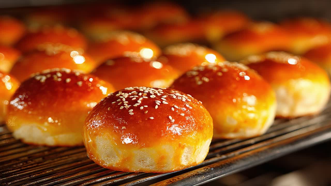 Golden, Glazed Buns Fresh from the Oven: A Tempting Display of Soft, Fluffy, and Deliciously Sweet Bakery Treats Ready to Enjoy