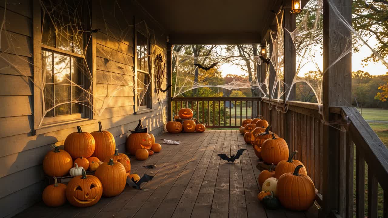 A Spooky Halloween Porch Scene Adorned with Carved Pumpkins, Cobwebs, and Bats as the Sun Sets in a Faint Glow, Creating an Aura of Festive Mystery and Fun