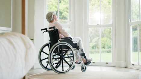 senior woman, thinking and wheelchair by window