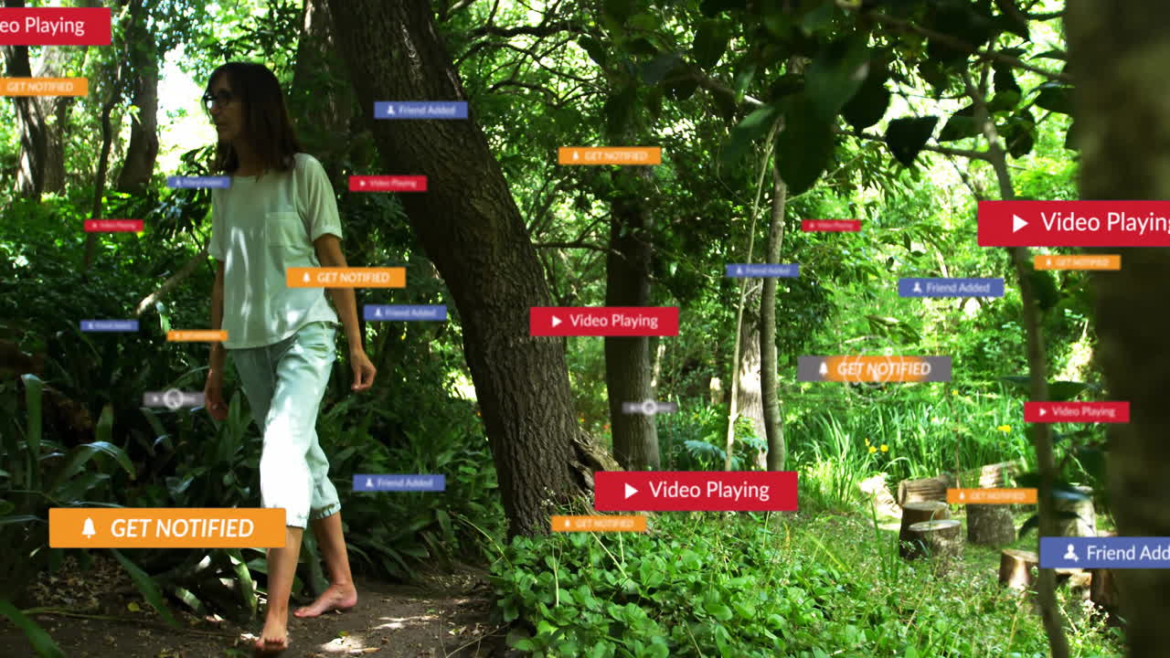 woman walking barefoot along forest path while digital UI overlays floating around for social media