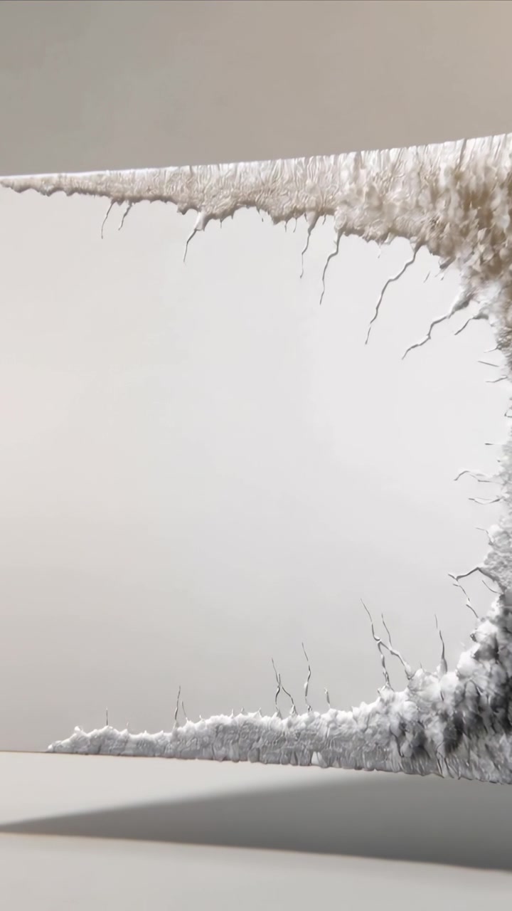 Vertical video: Starting tear at right showing panel tearing on shelf hanging fibers, copy space