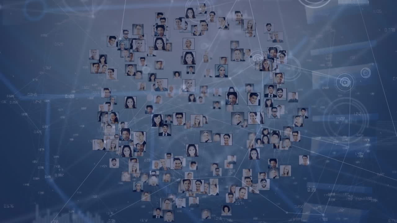 Animation of people profiles forming globe with connected dots against abstract background