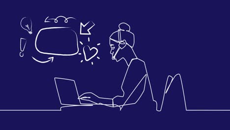 animación del dibujo de una mujer de negocios usando auriculares de teléfono sobre burbuja de habla e iconos