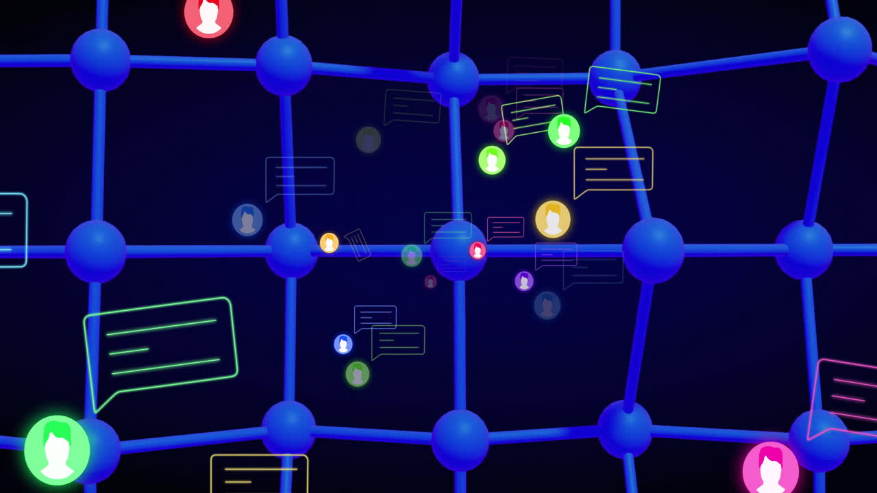 Animation of media icons and net on black background