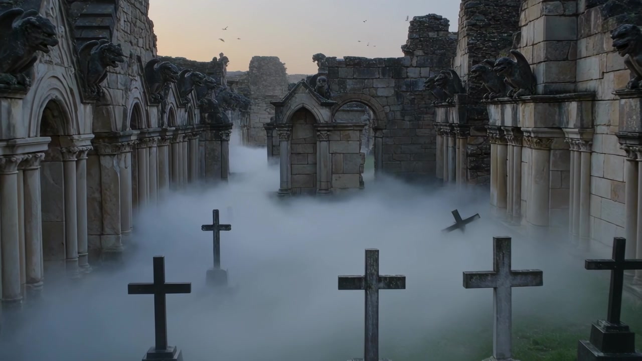 Nebbia bassa che si sposta riempiendo la navata del mausoleo, coprendo le croci, rivelando una croce inclinata, uccelli che volano
