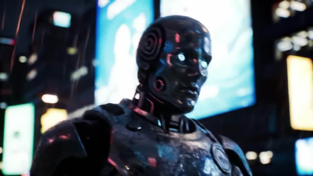 Futuristic Robot in a Neon Cityscape: An Intriguing Glimpse into a High-Tech Urban Environment with Glowing Lights and Raindrops