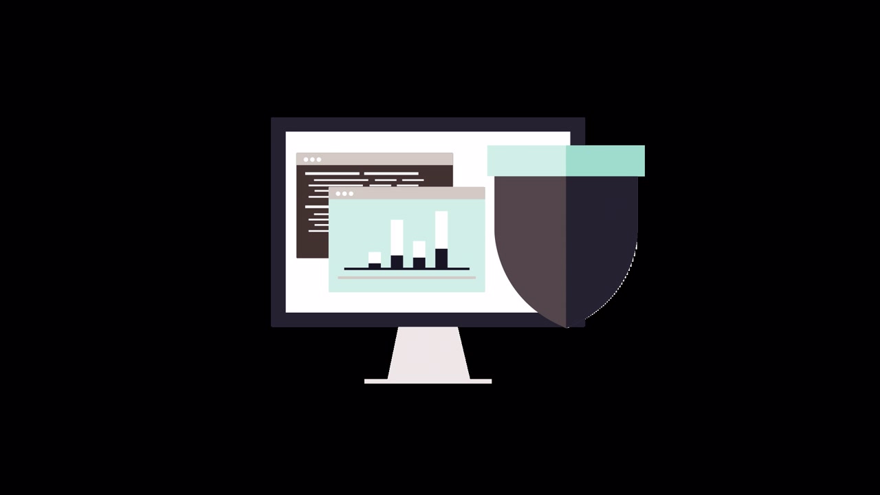Computer Monitor Displaying Data and Code with Security Shield