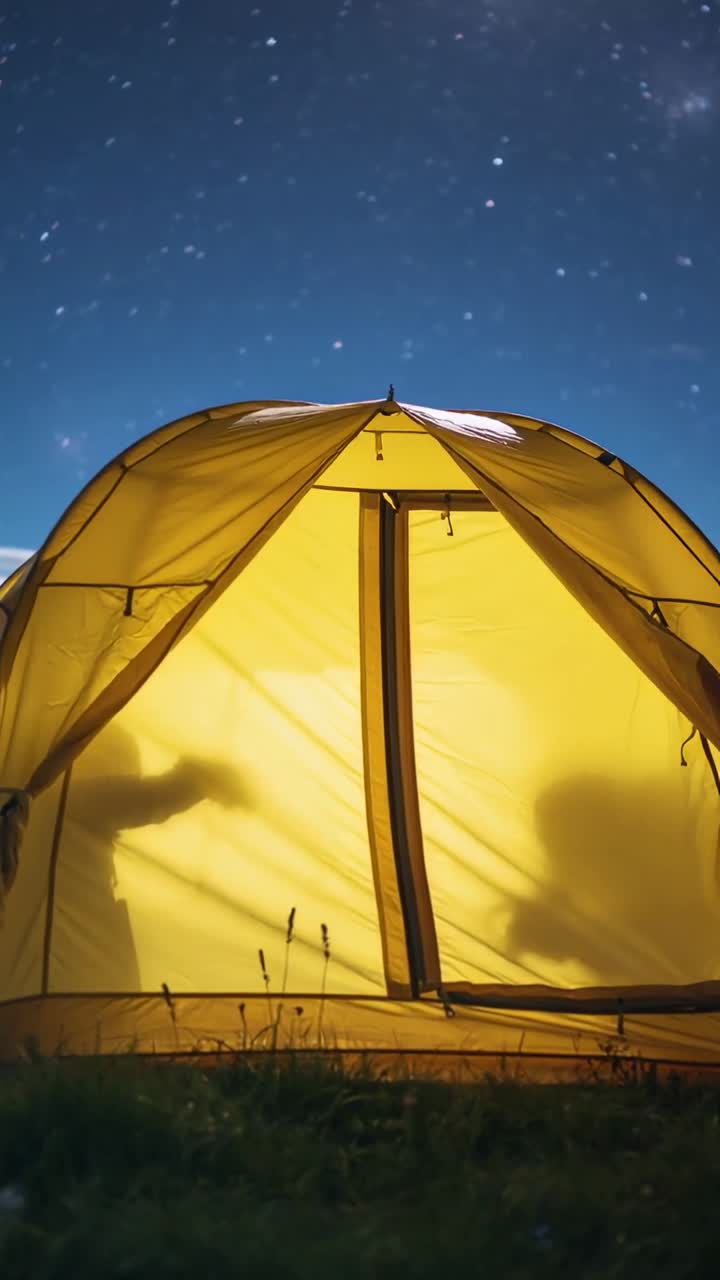 Video verticale: Due ombre si muovono all'interno di una tenda gialla in un accampamento vicino alla cerniera, controllando l'attrezzatura con una luce.