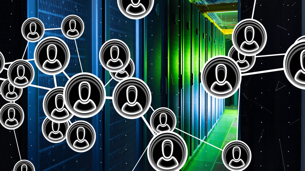 Animation of icons connected with lines over dots against server room in background
