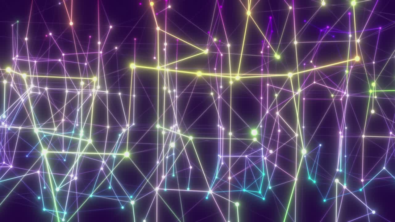 Plexus of abstract colored geometrical lines with moving triangles and dots on a black.background. Slow motion. Loop animations multicolored.
