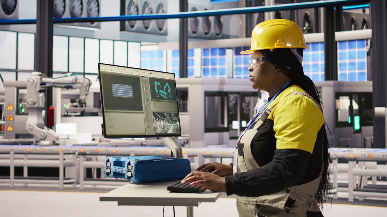 Vertical video Portrait of cheerful factory engineer typing on PC, monitoring production lines