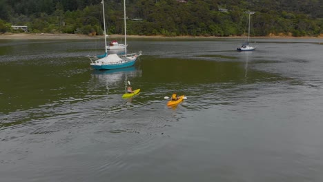 SLOWMO---Couple-kayaking-around-yachts-in-bay-in-Marlborough-Sounds,-New-Zealand---Aerial