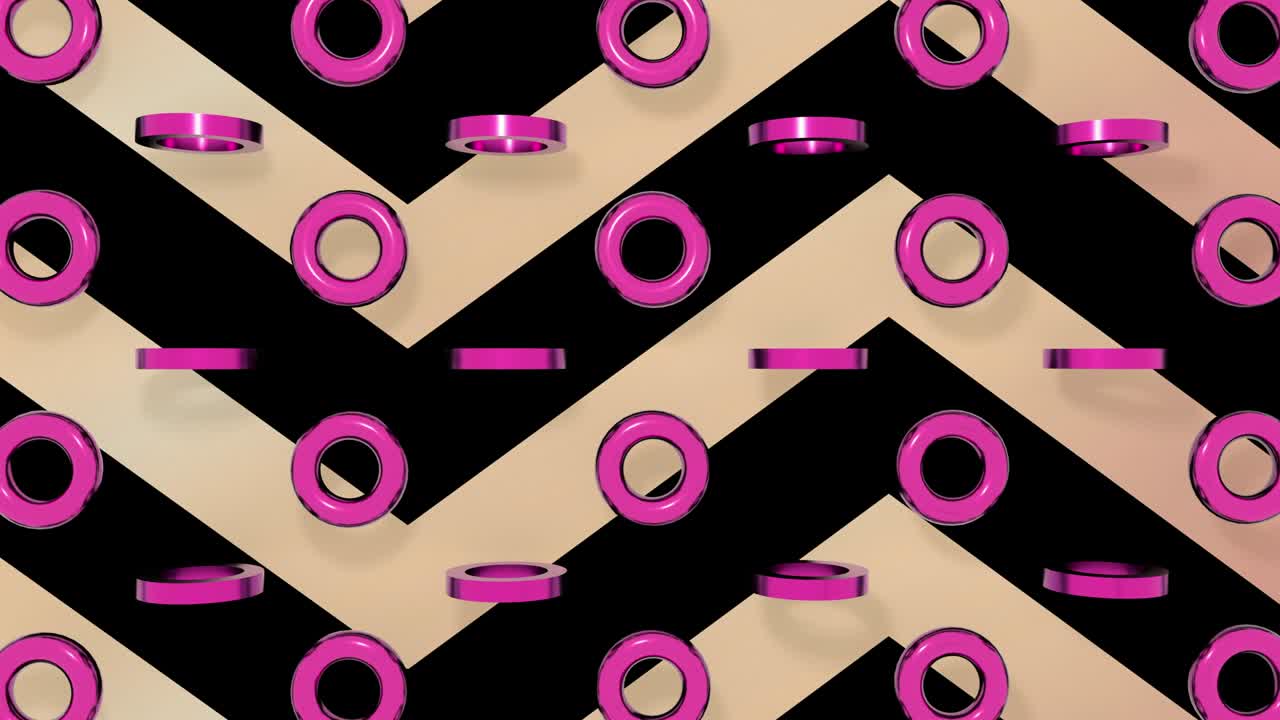 círculos de metal violeta girando en líneas de oro rosa de fondo. animación de bucle sin costuras 4k 3d.