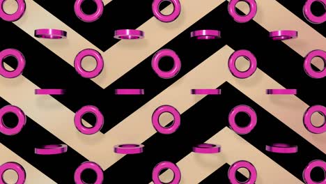 violet metal circles rotating on rose gold lines background. 4k 3d seamless loop animation.