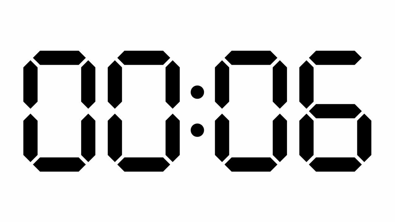 Clock stopwatch counting forward from 0 to 10 seconds, digital electronic segment display, black on white