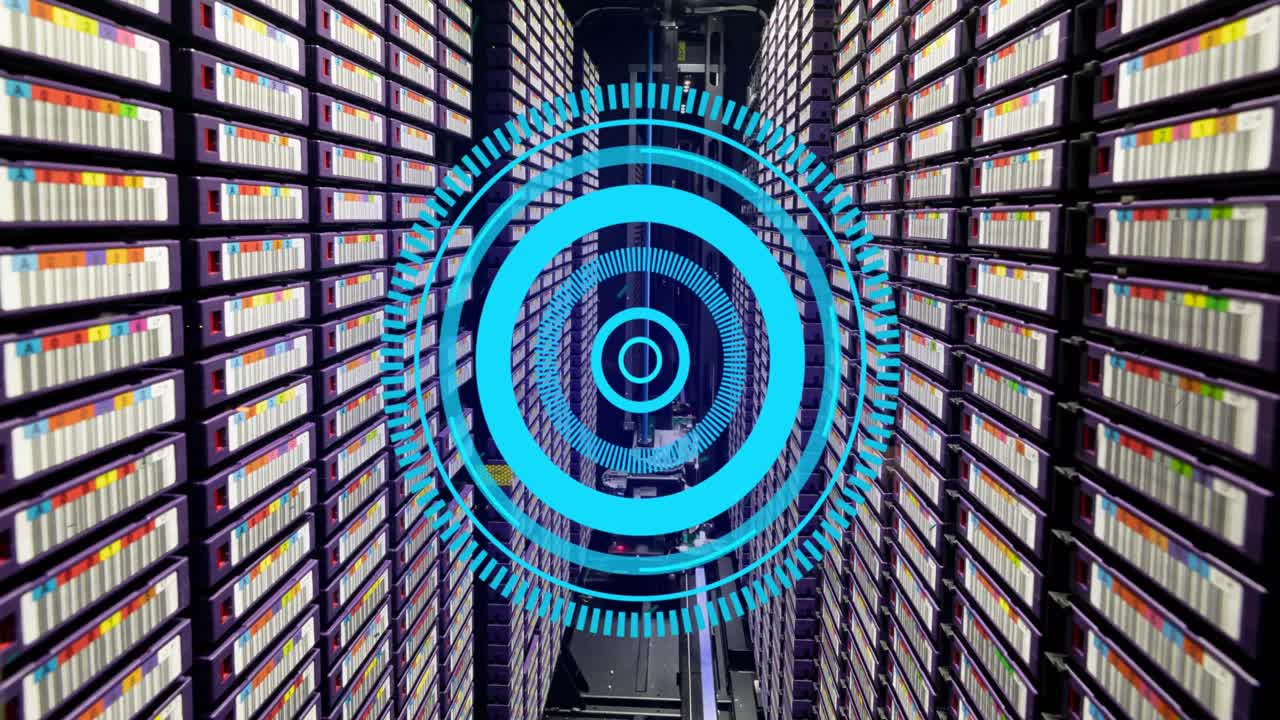 Animation of neon blue round scanner spinning against computer server room