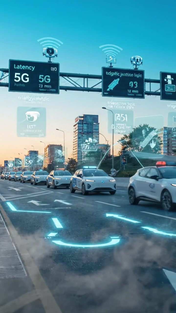 Flusso di Traffico in Contesto Urbano con Auto Elettriche e Tecnologia Intelligente, con Indicatori a Display Digitale su Sfondo al Tramonto