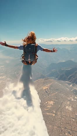 adventurer jumps from high altitude above mountains in clear sky
