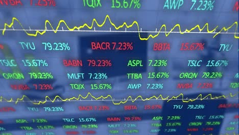 Animation-of-trading-board-and-graphs-over-empty-cabin-with-books-and-desktop-on-desk-at-office