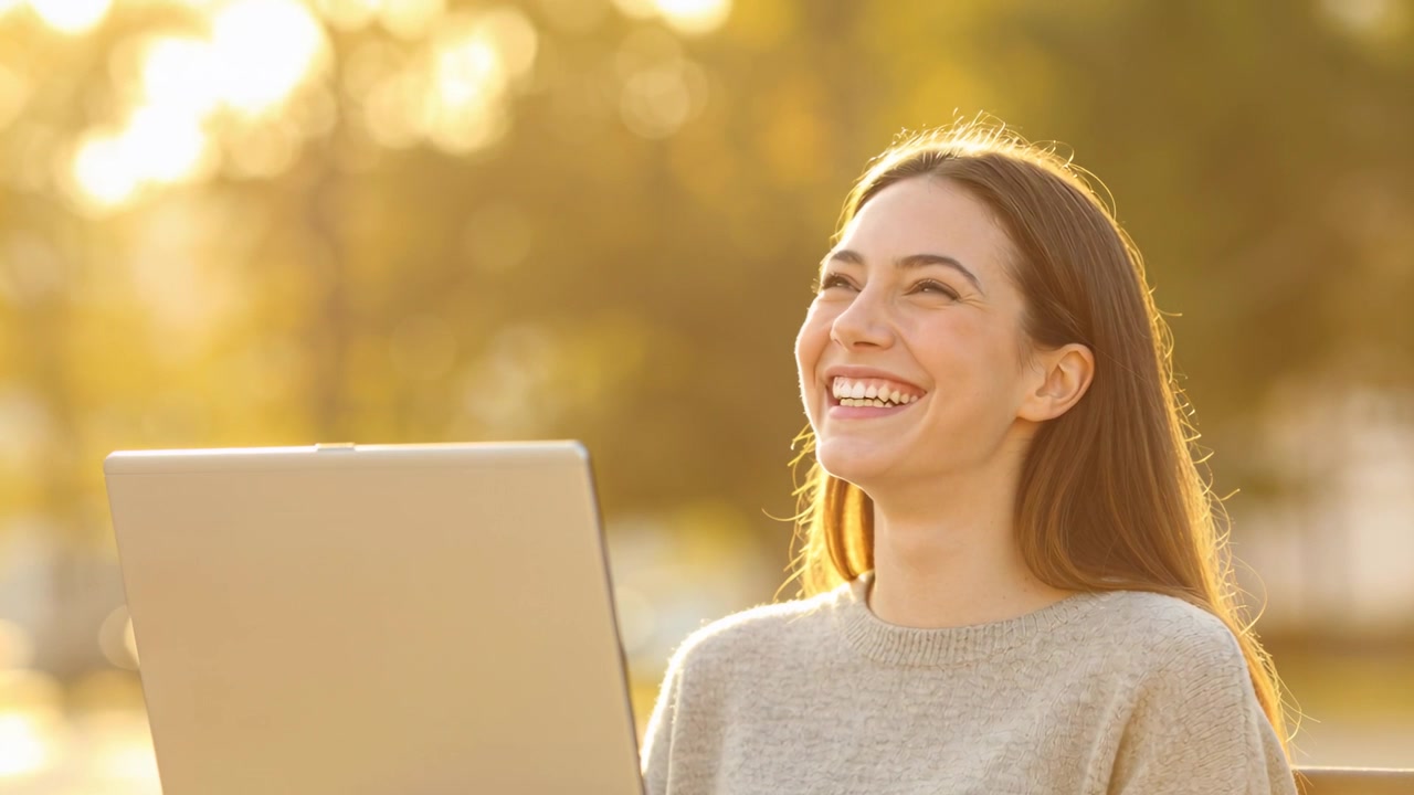 Donna sorridente che indossa un maglione grigio chiaro, ride leggendo un messaggio divertente su un laptop argentato al parco