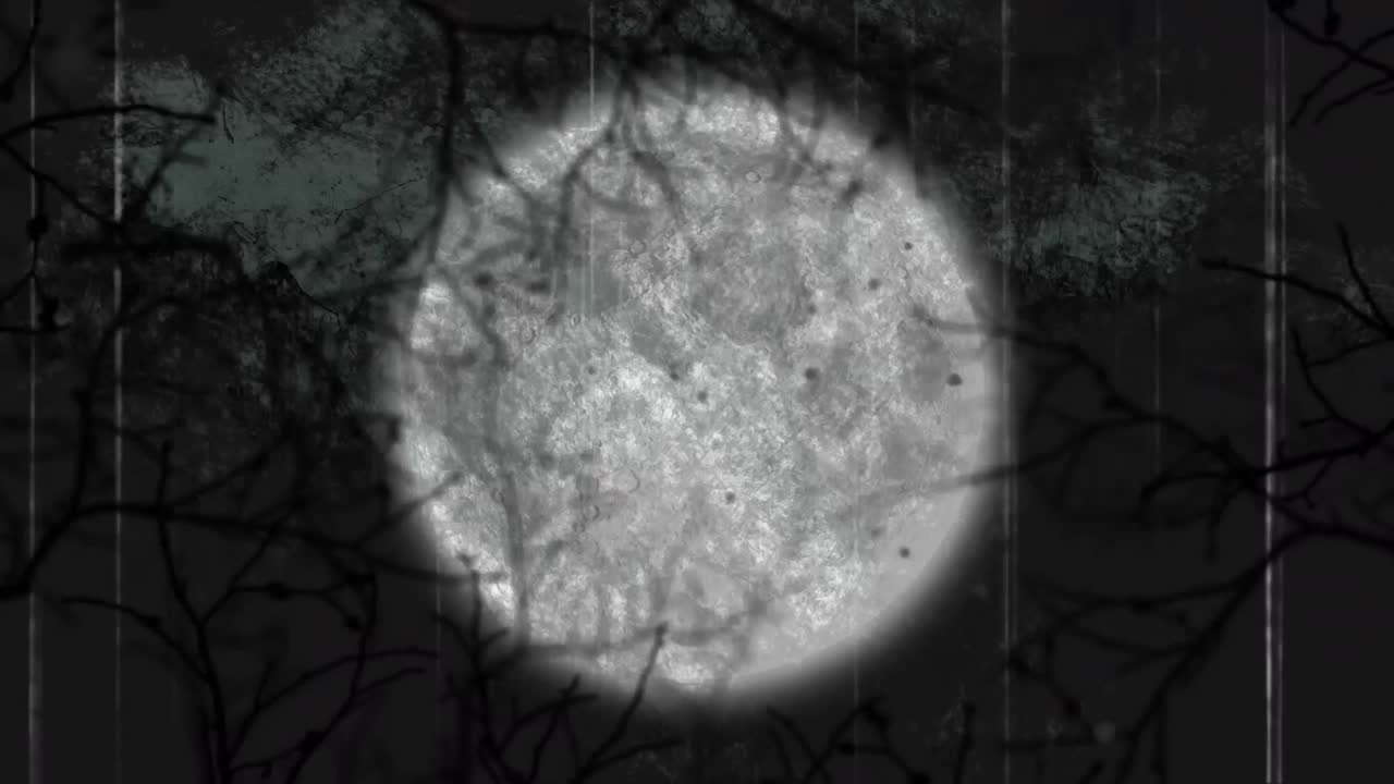Animation of halloween spooky interference over moon and tree branches on black background