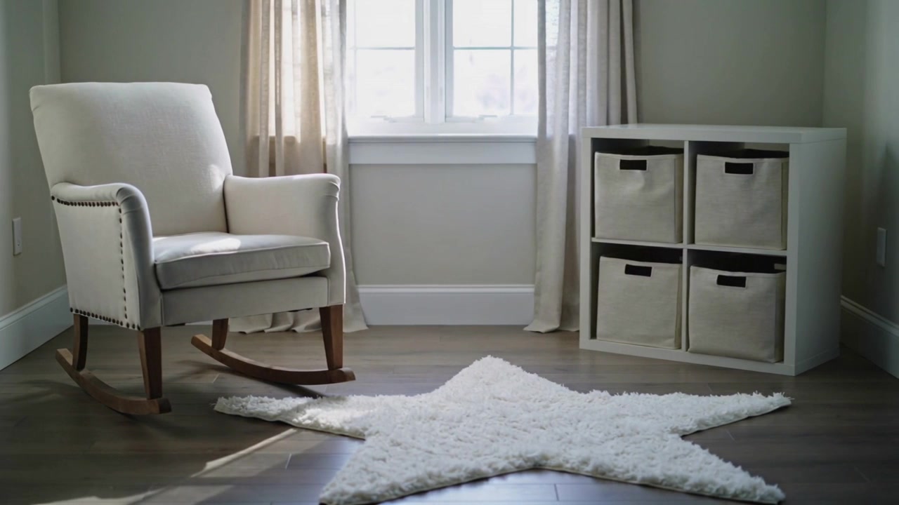 Panning camera revealing rocker in nursery for preview, star rug, sun patch, cube bins, copy space