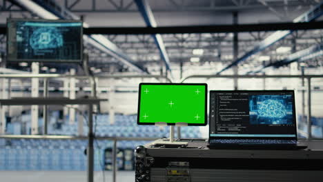 green screen tablet in high tech data center with blockchain machines