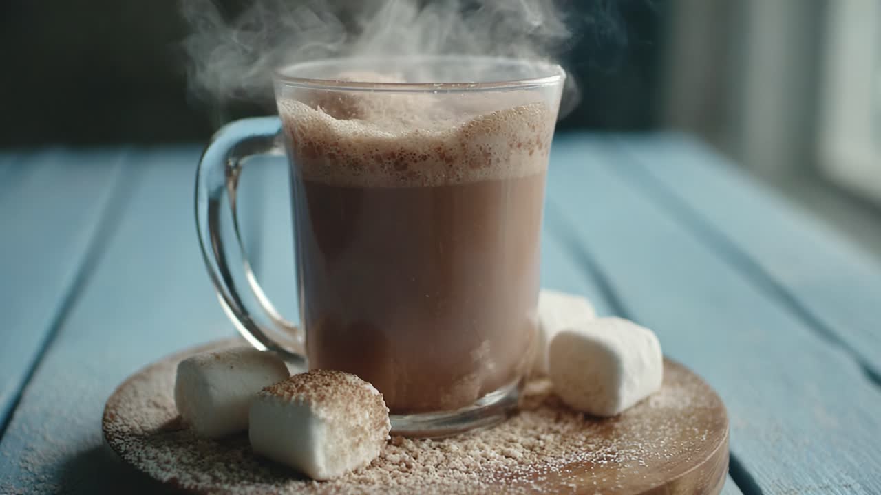 Warm and Inviting Cup of Hot Chocolate with Marshmallows Served on a Rustic Wooden Plate, Surrounded by a Cozy Atmosphere of Steam and Comfort
