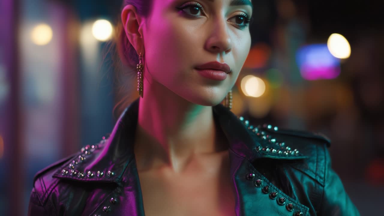 Una figura affascinante emana sicurezza ed eleganza in un'elegante giacca di pelle, illuminata da vivaci luci al neon che creano uno sfondo urbano suggestivo.