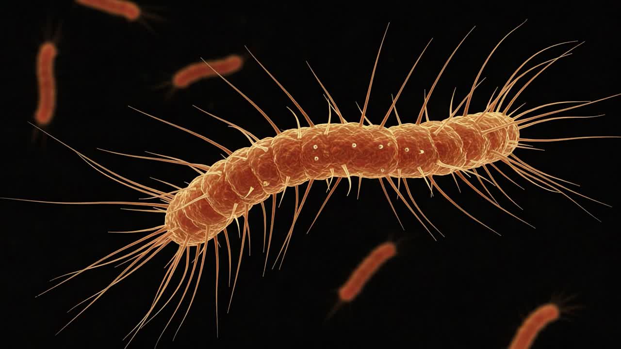 Incredible Microbial World: Close-Up of a Bacteria with Distinct Hair-Like Structures Surrounded by Similar Organisms in a Dark Background