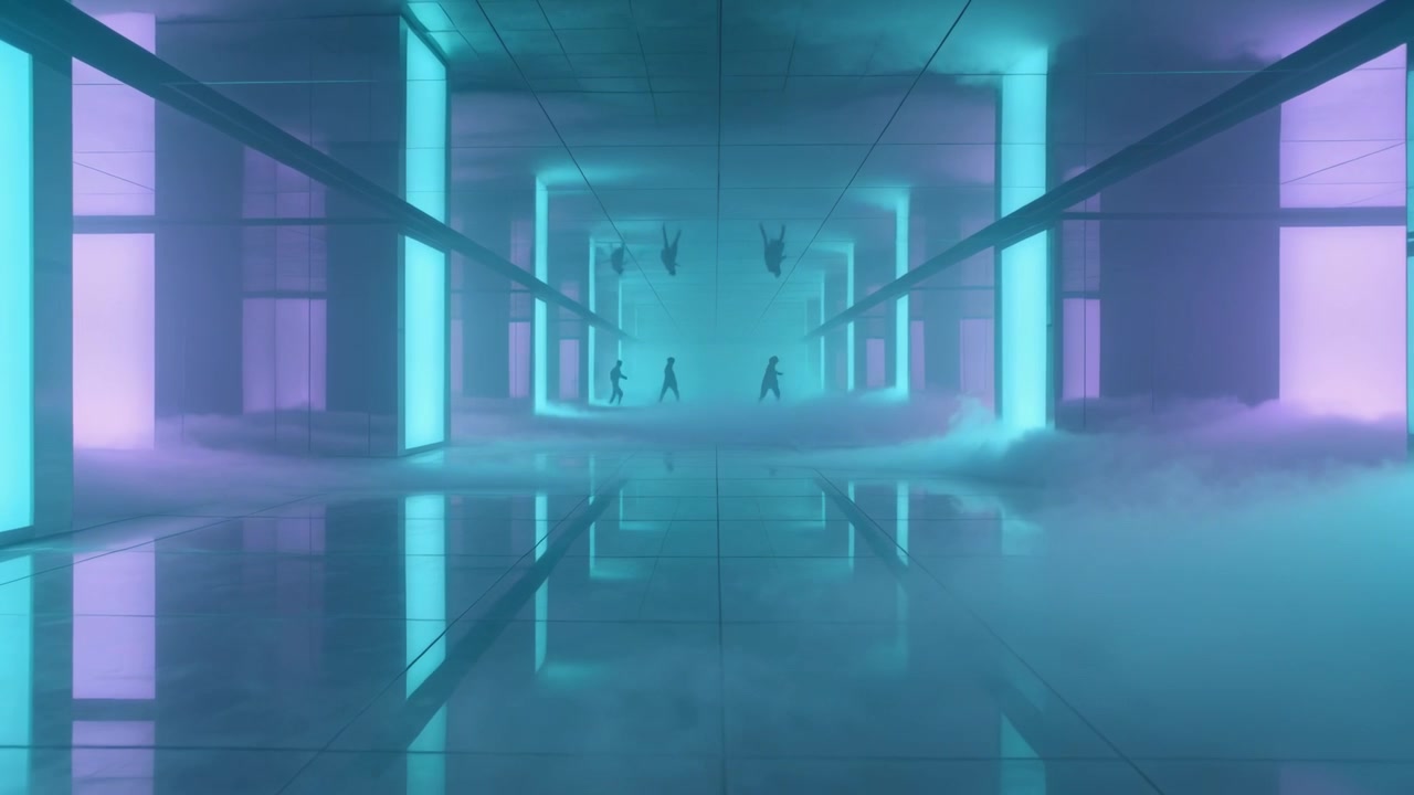 Fog drifting revealing dark performers moving to center of hall to form pattern on shiny floor