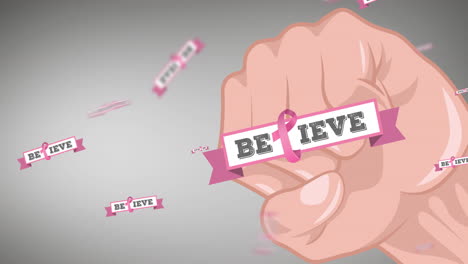 animation of multiple pink ribbon logo with believe text appearing on fists