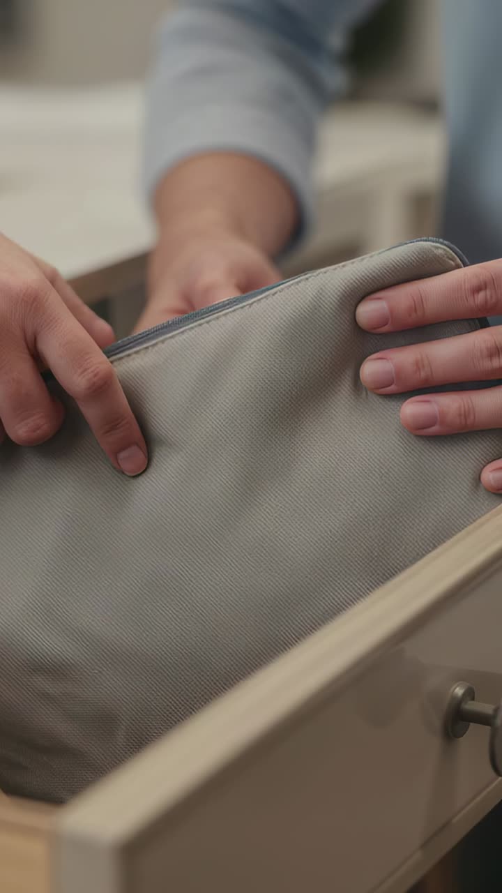 Vertical video: Person in blue shirt at desk reaching into drawer, arranging gray pouch for storage