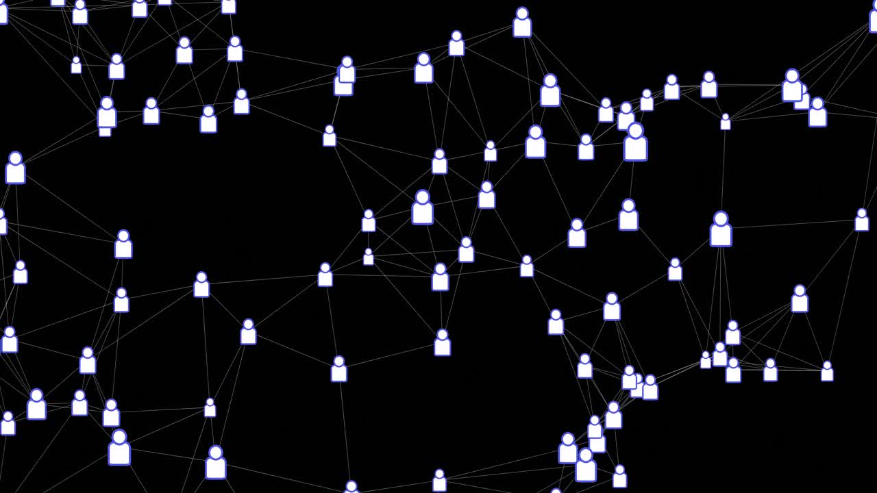 Animation of network of connections with icons on black background