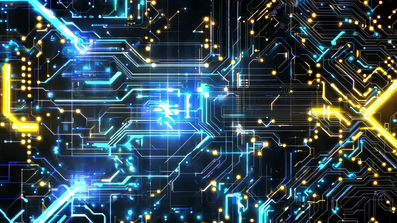 un primer plano de una placa de circuitos con luces azules y amarillas