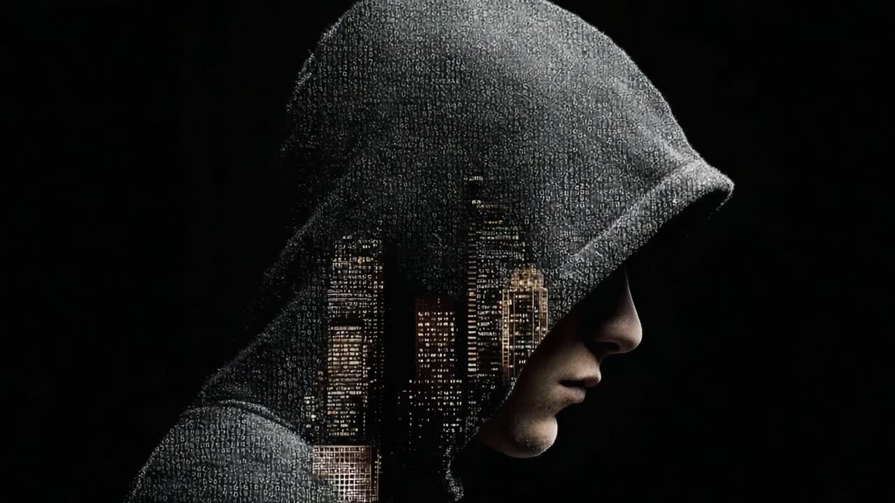A Contemplative Silhouette of a Hooded Figure in a Dark Environment, Merging Urban Landscapes with Human Emotions in a Captivating Visual Composition