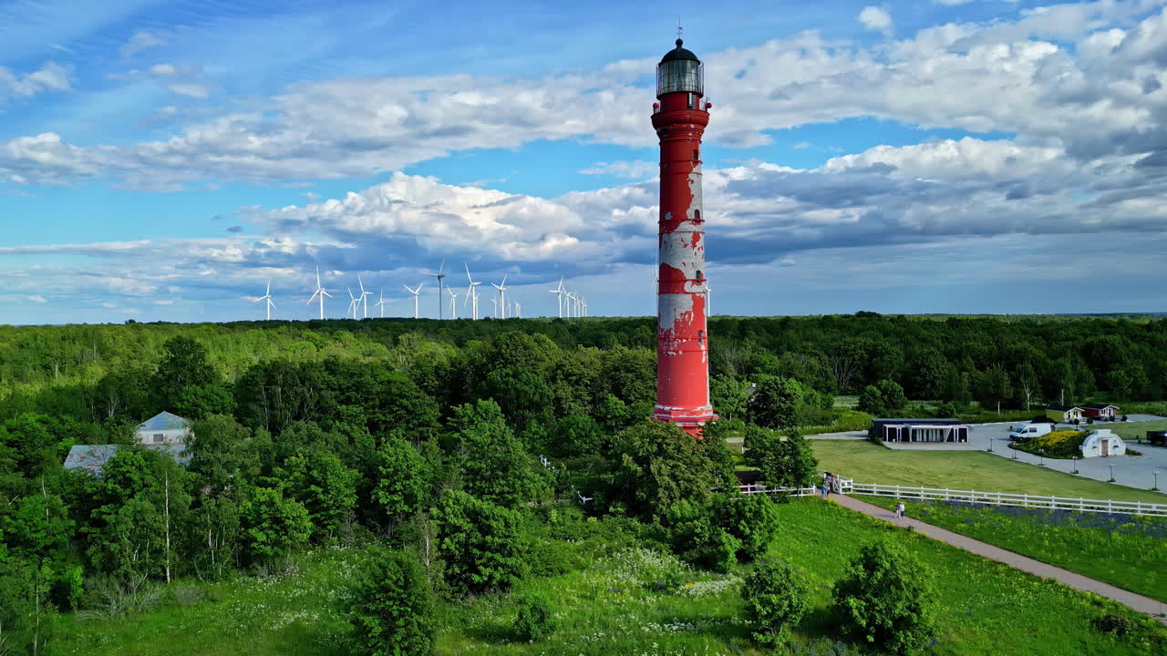 Pakri lighthouse surrounded by lush greenery and wind turbines under a blue sky, aerial view