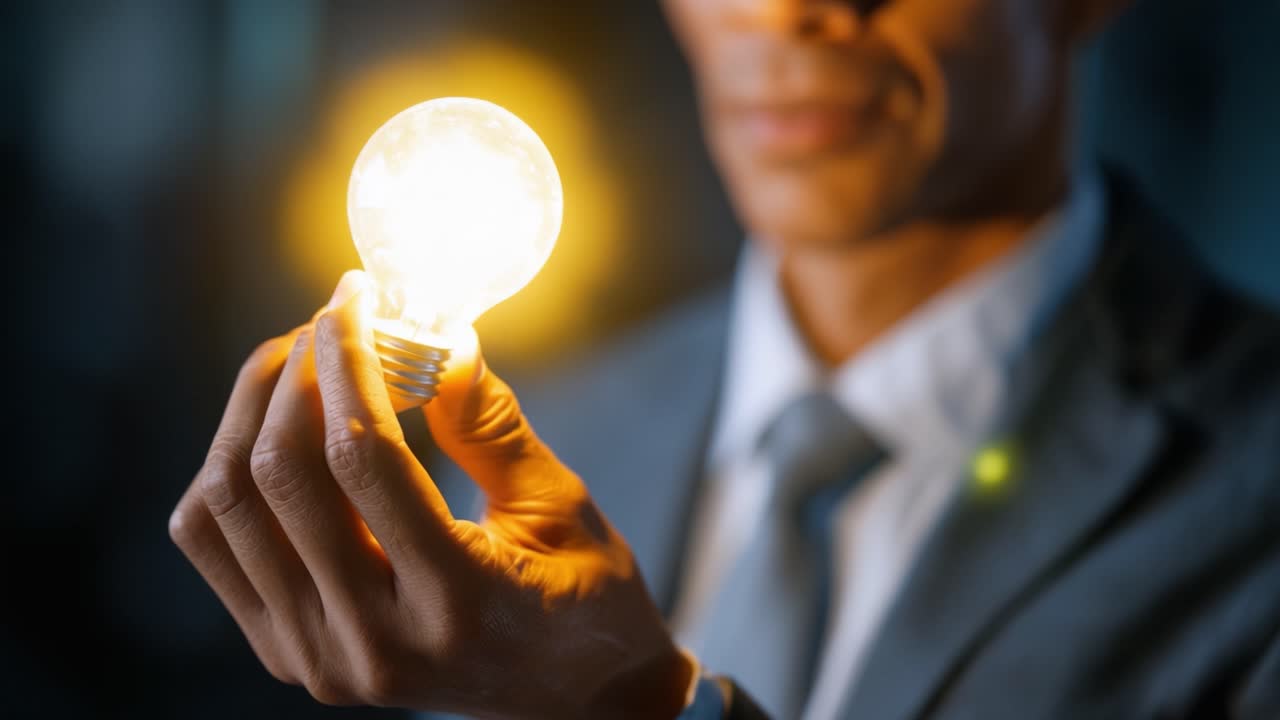 A business professional holds a glowing light bulb, symbolizing innovation and creative ideas in a modern corporate environment illuminated by warm light