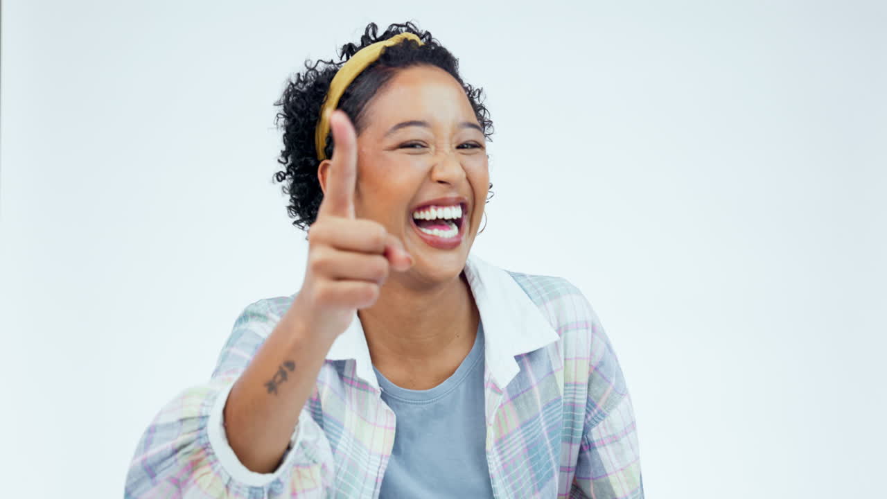Happy, woman face and no finger in studio for bad