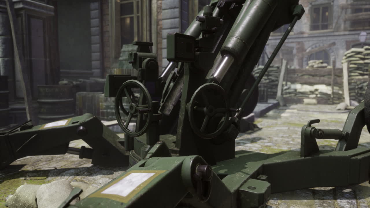 Exploring an abandoned street with a mounted cannon overlooking the rubble