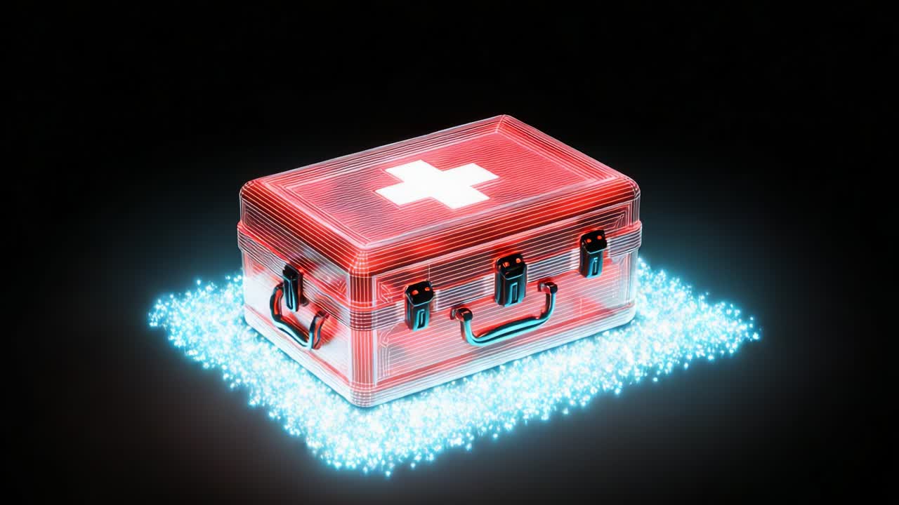 A vibrant and enchanting medkit radiates magical energy, showcasing its fresh and modern design, surrounded by sparkling particles that emphasize its importance in health and safety