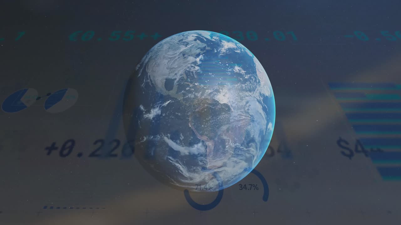 animación de múltiples gráficos, tablero de negociación y globo sobre cielo nublado en el fondo