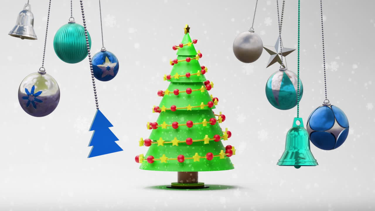 Animation of christmas baubles decorations over christmas tree