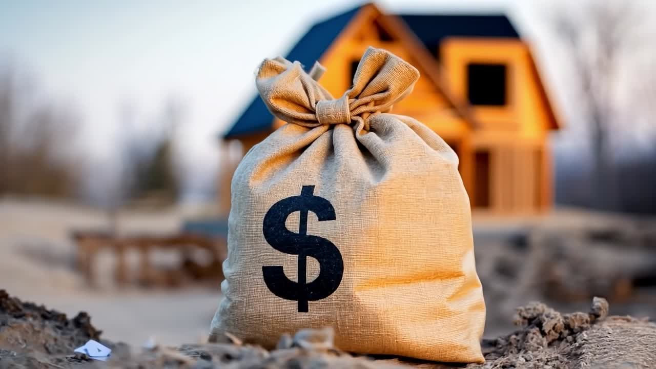 una bolsa de dinero sentada en la parte superior de una pila de tierra al lado de una casa