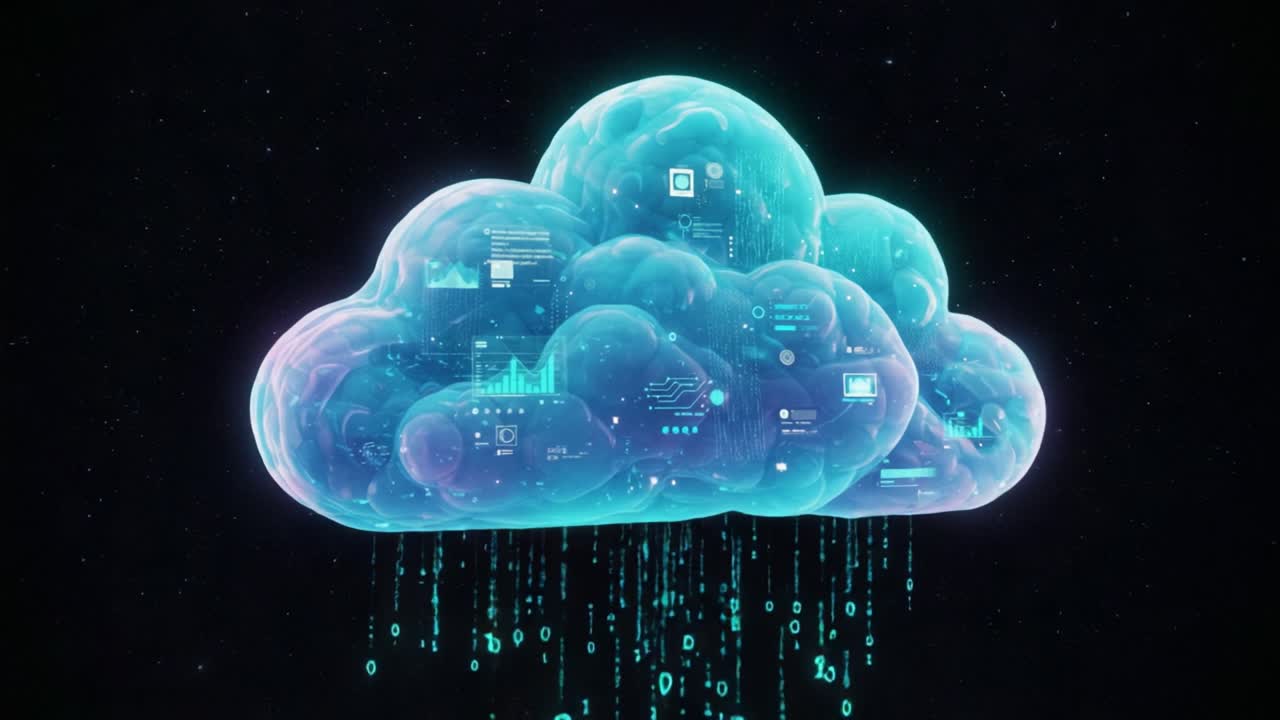 A Stunning Visualization of Digital Cloud Technologies Showcasing Data Streams, Graphical Interfaces, and Binary Code Representing Advanced Computing Concepts