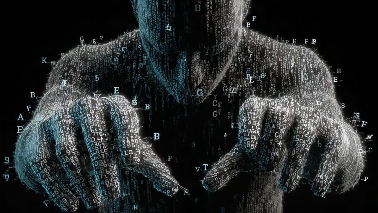 A striking visual representation of a digitized figure, merging human form with data, encapsulating the intersection of technology and identity in a dark, abstract space