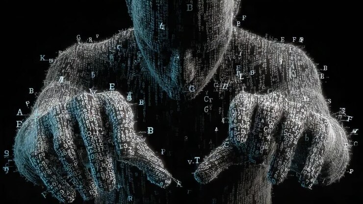 A striking visual representation of a digitized figure, merging human form with data, encapsulating the intersection of technology and identity in a dark, abstract space