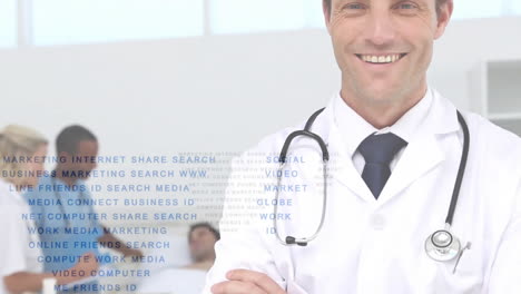 animation of data processing over caucasian male doctor and diverse patients in hospital