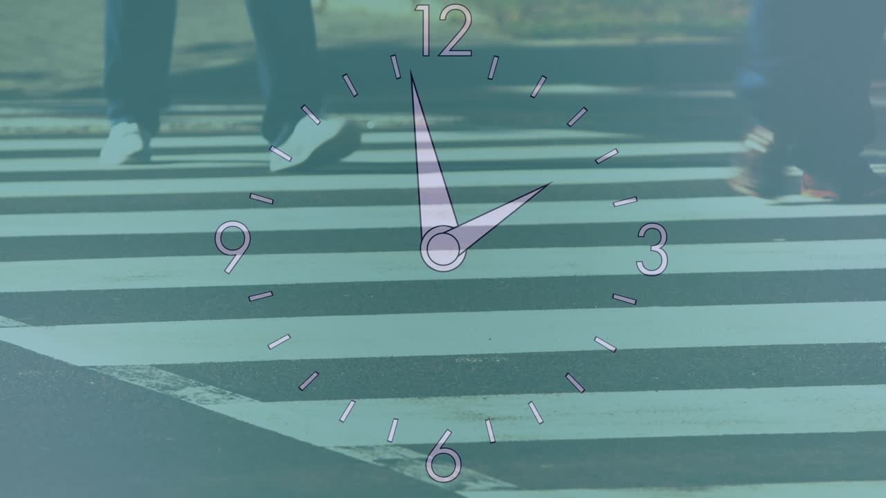 Animation of clock moving over people walking