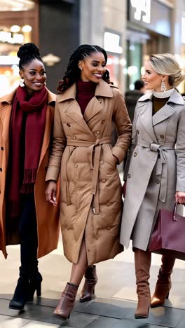 Three women are walking down a street, all wearing coats and carrying handbags